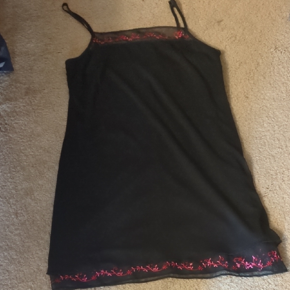 Black Slip Dress with Pink Embroidery